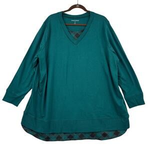 Woman Within Tunic Top Size 22/24 Green Stretch Plaid Layered Look Long Sleeve